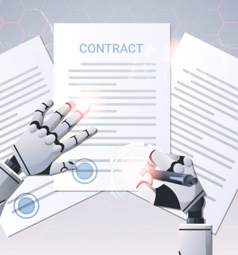 A robot hand signing a contract, representing how ai contracts work.