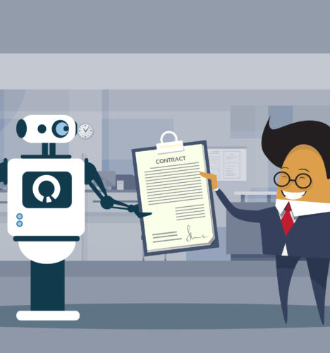 A cartoon image of a man and robot working on a contract.
