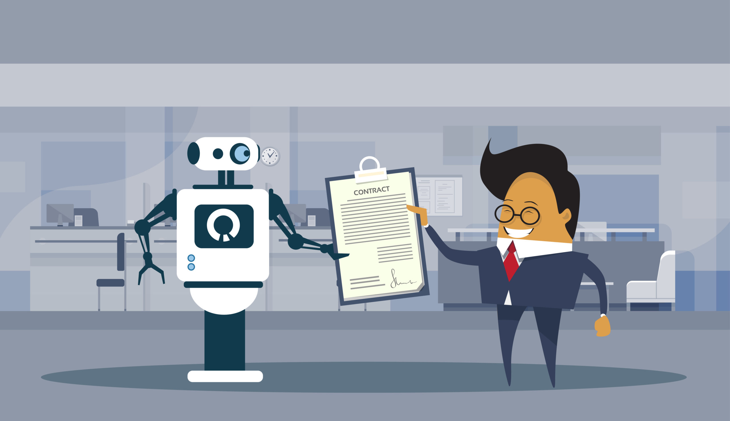 A cartoon image of a man and robot working on a contract.